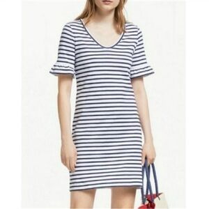 BODEN Imogene Navy Striped Cotton-Blend Jersey Dress with Ruffle Sleeves